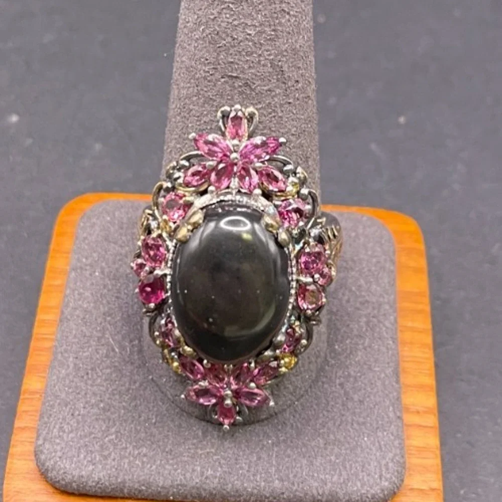 Vtg 925 Sterling Silver Oval Black Star Sapphire Pink Tourmaline Ring Size 11